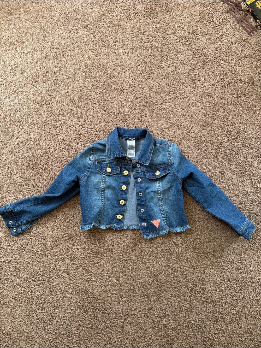 Guess Girls Blue Cropped Denim Jacket with Frayed Hem